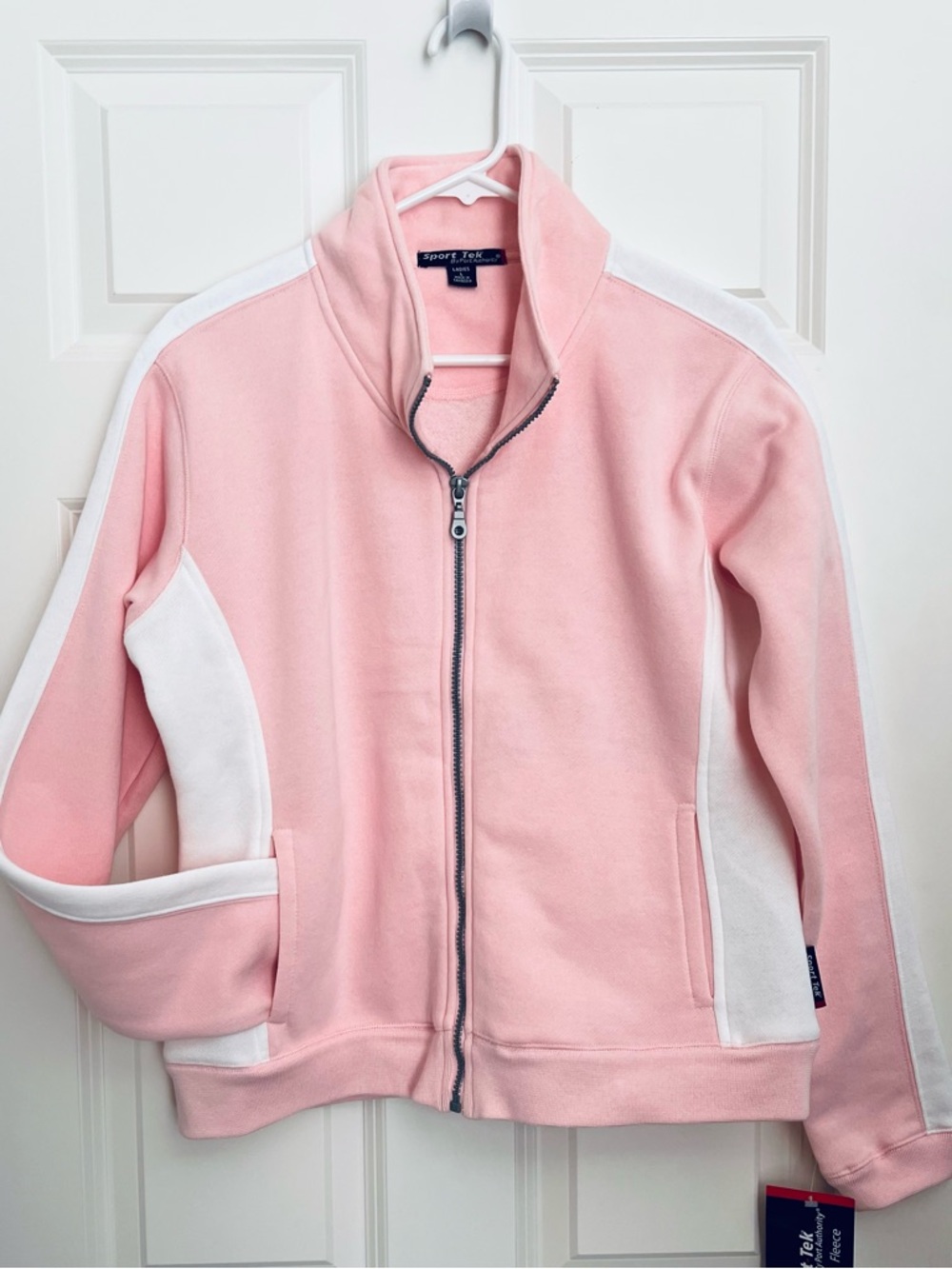 NWT Sport-Tek Women's Pink and White Striped Zip-Up Fleece Jacket